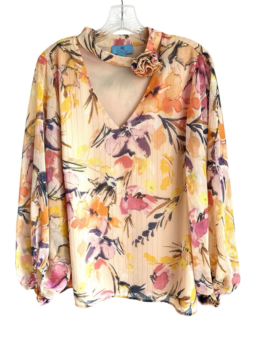CeCe Long Sleeve Floral Print V Neck Chiffon Blouse with Rosette Neck Choker